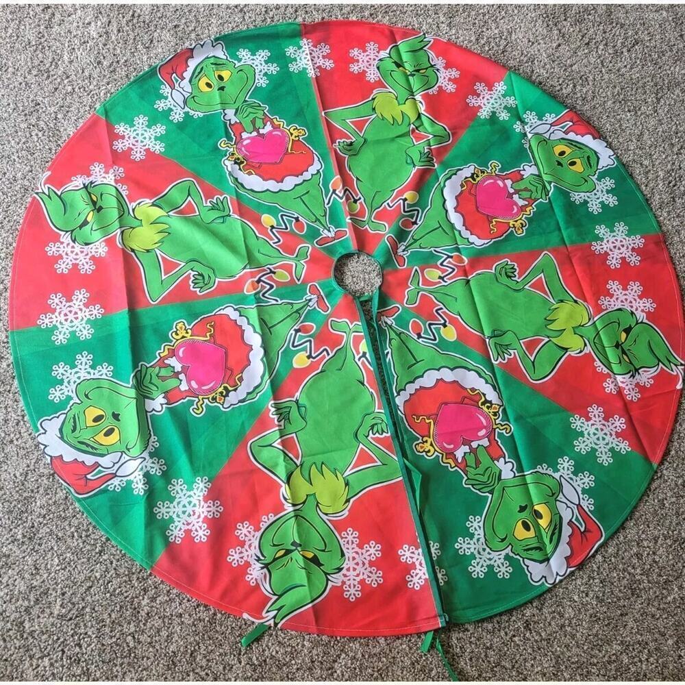 Grinch Christmas Tree Skirt 47" Diameter Tue Closure Red Green Lightweight